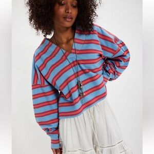 Free People Blue and Red Striped V-Neck Sweatshirt